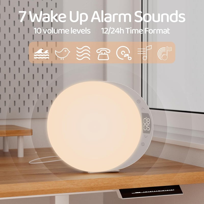 ANTDALIS Sunrise Alarm Clock for Heavy Sleepers Adults, Wake Up Light Dimmable Night Light for Kids Teens Bedroom Home Decor Girls Boys Women Gifts, 20 Color and Touch Control, Snooze, White - Image 4
